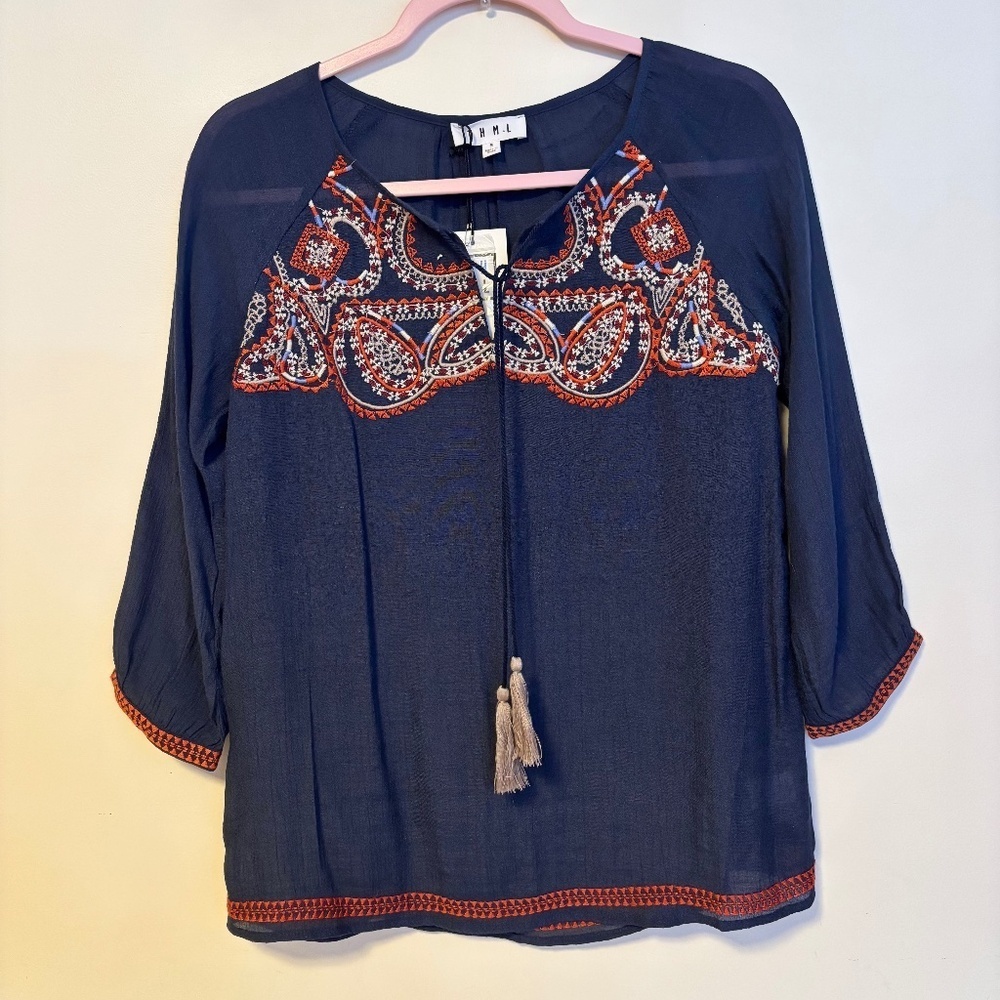 THML Chambray Embroidered Boho Balloon Sleeve Blouse Top Blue Womens Small NWT
